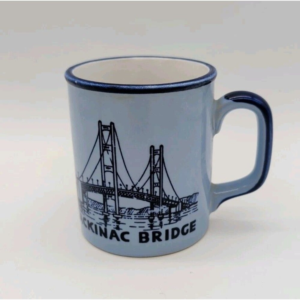 Vtg Mackinaw Bridge Mug Blue Tourist Michigan